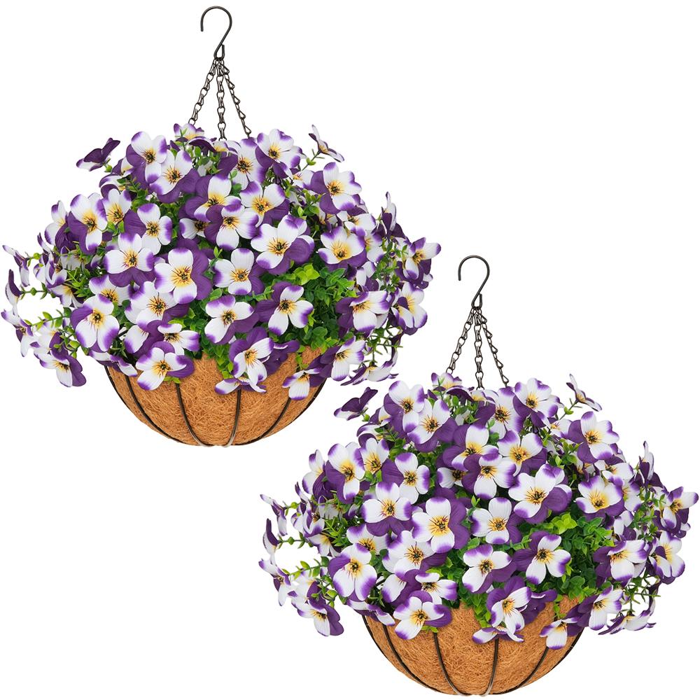 2 Pcs Artificial pansy hanging plant basket, perfect for summer outdoor decoration, made of realistic silk material, UV-resistant, featuring vibrant daisies and eucalyptus leaves, suitable for porches, homes, patios, balconies, and gardens. 2 Pcs Artificial pansy hanging plant basket, perfect for summer outdoor decoration, made of realistic silk material, UV-resistant, featuring vibrant daisies and eucalyptus leaves, suitable for porches, homes, patios, balconies, and gardens.