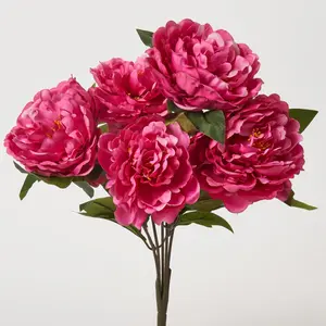 Fuchsia Pink Silk Peony Blooms 5 Stem Faux Floral Bouquet - 16"