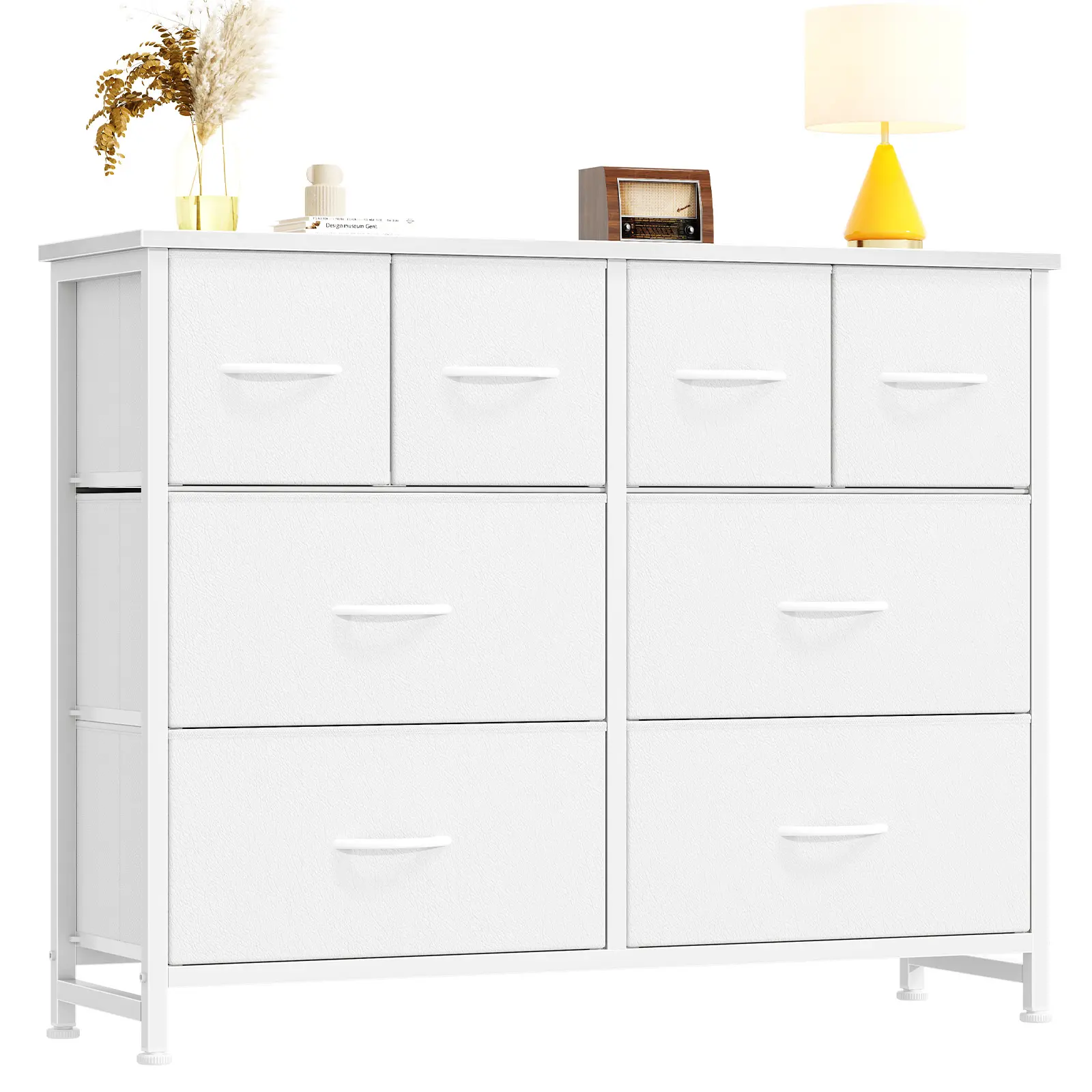 TV Stand, Dresser with 8 Fabric Drawers, Spacious Storage Tower for Closet, Wood Top and Mental Frame, Storage Unit for Living Rooms, Bedroom and Entryway