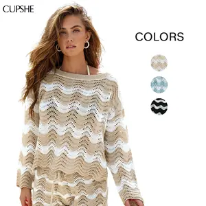 CUPSHE Breathable Knit Swim Coverup - Lightweight Striped Long Sleeve Beach Top - Perfect for Boat Days, Pool Parties & Tropical Getaways