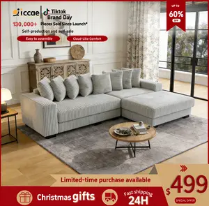 Niccae 111-inch Modern L-Shaped Sofa with Recliner Extra-Wide Lounge Corduroy Loveseat 8 Free Pillows for Home Living Room or Apartment