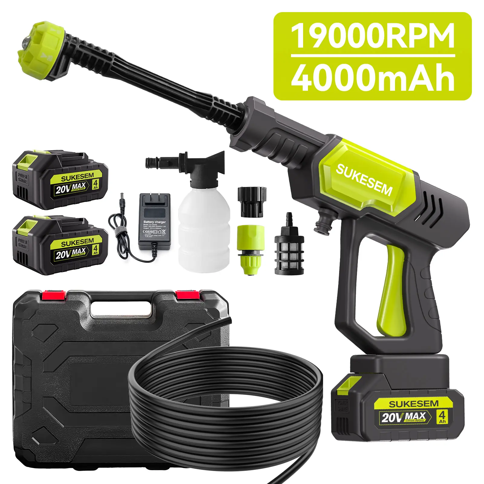 SUKESEM Portable Cordless Bottle-Type Pressure Washer, 4000mAh Rechargeable Battery & Charger Included, 6-Speed Adjustable Nozzle for Cars, Household Surfaces