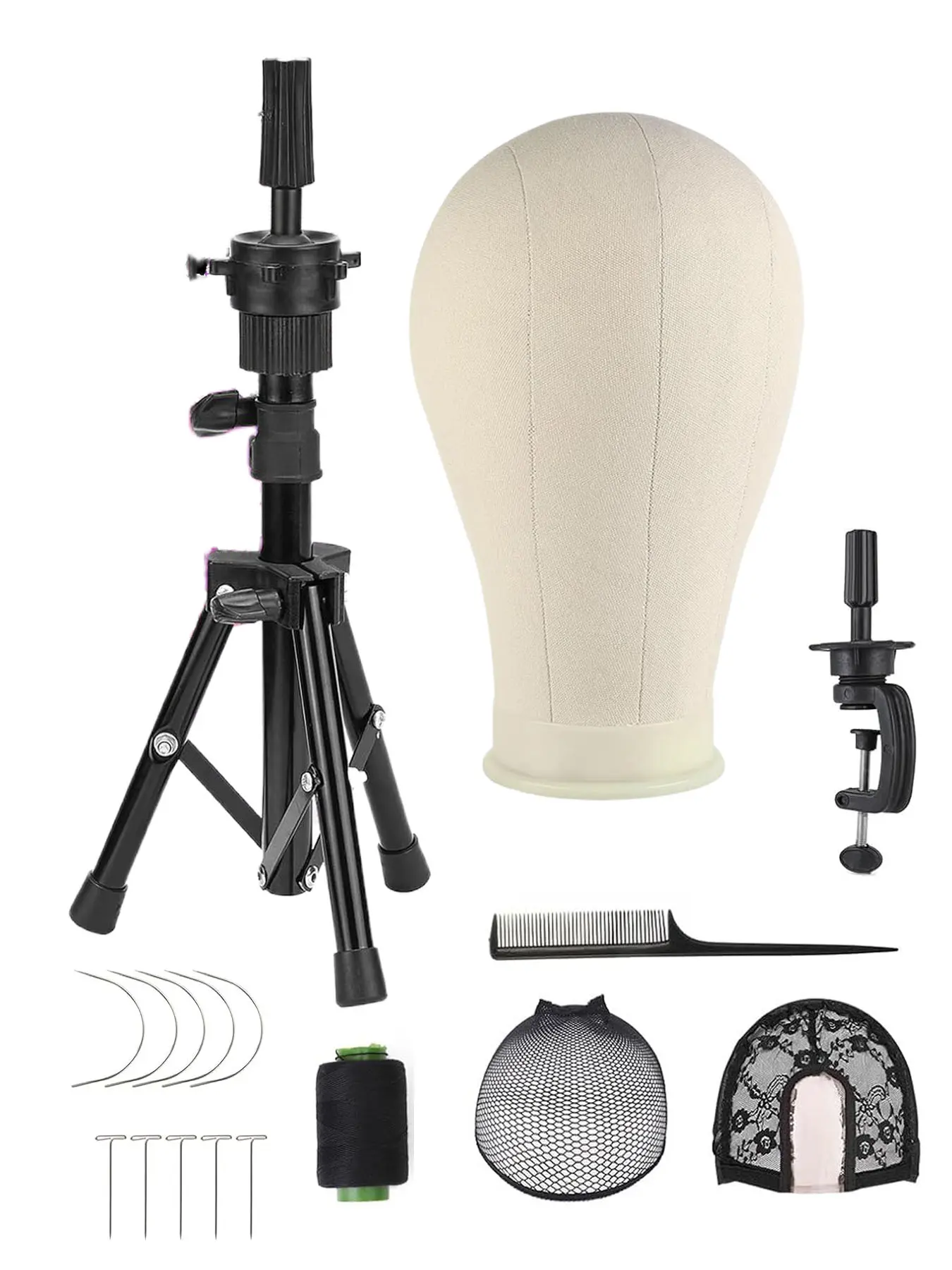 Wig Head Stand Tripod with Canvas Mannequin Head, Ideal for Wig Making & Display, Includes Caps, T-Pins, Comb & Brush, Wig Install Kit, Adjustable Wig Head, Wig Holder