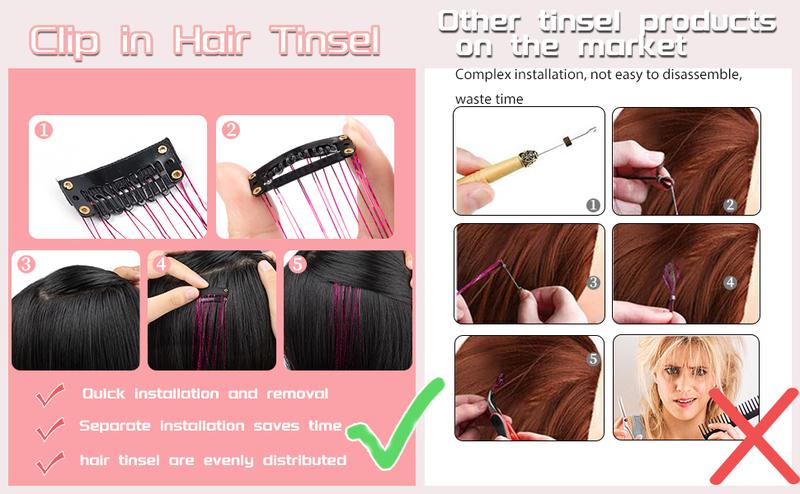AISI HAIR 6 Pcs Clip-in Hair Tinsel Kit, 20 Inch Heat Resistant Glitter Tinsel Hair Extension Clips, Fairy Hair Sparkle Strands Festival Gift Party Dazzle Accessories for Women Girls Synthetic Hairpieces Synthetic Curly Wavy