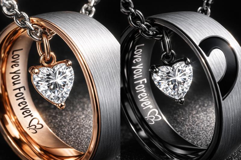 September  Couple Necklace Set with Matching Split-Heart Ring Pendants for Him & Her, Interactive Design, Minimalist Commemorative Jewelry, Valentine’s Day & Birthday Gift for Girlfriend and Boyfriend