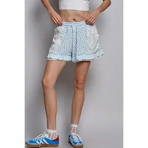Skye Blue Floral Waffle Knit and Crochet Shorts