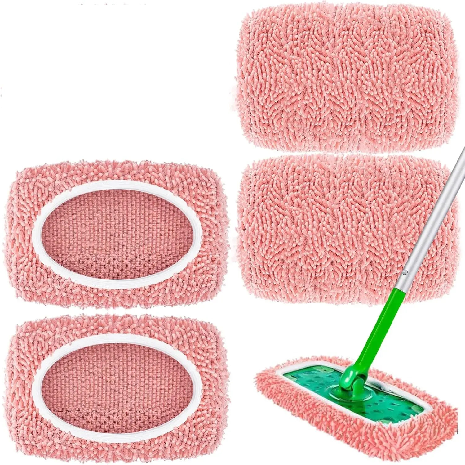 4PCS Microfiber Wet and Dry Sweeping Mop Pads, Compatible with Swiffer Sweeper, Chenille Washable Swiffer Mop Pads, Reusable Mopping Refills for Hardwood Floor (Pink 4PCS)