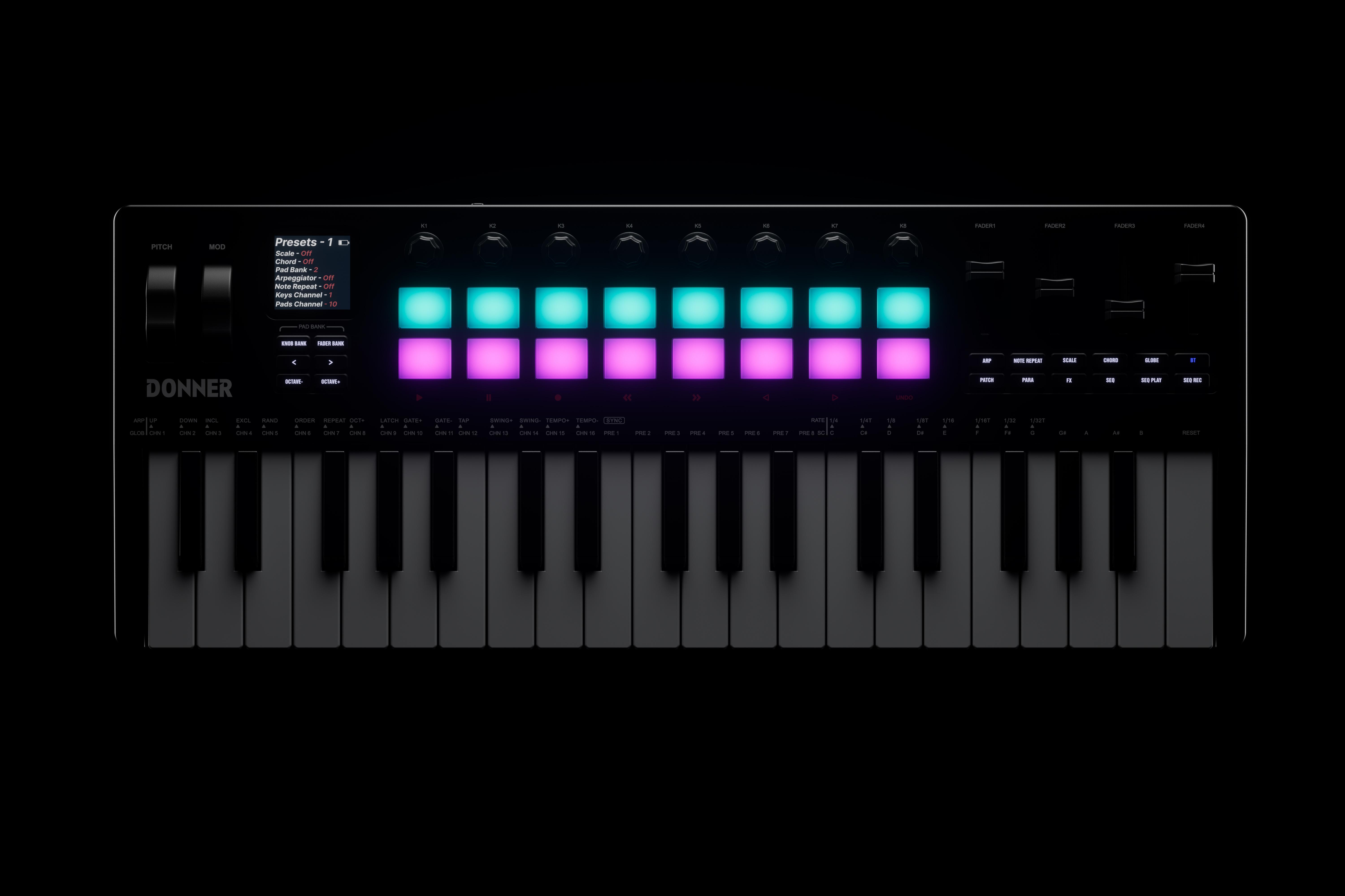 Donner STARRYKEY-37 PLAY MIDI Controller, 37 Key Portable with 128 Voices 16 RGB Pads USB Wireless 4 DAW Software 40 Courses