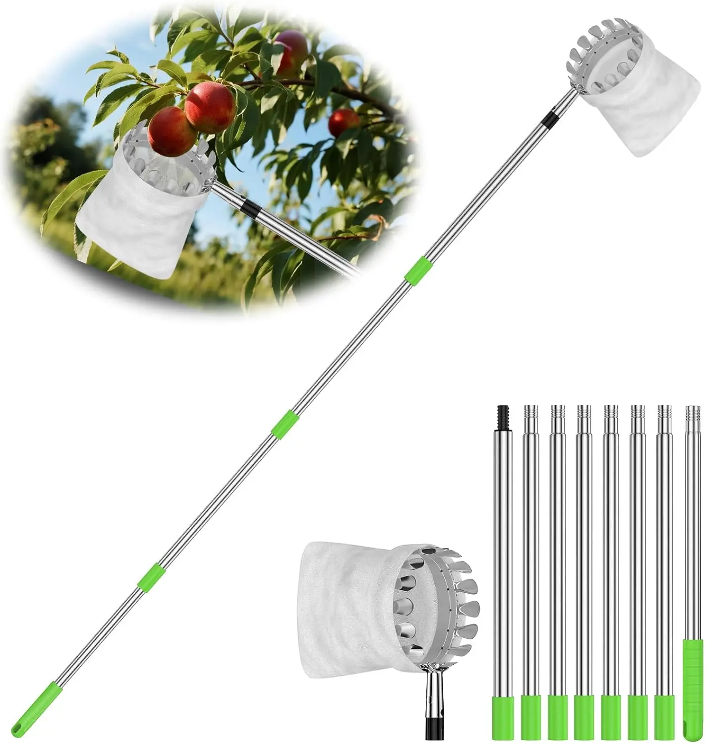 BURMONG 6.6 ft Lightweight Fruit Picker Tool - Stainless Steel Pole, Soft Cloth Basket, Rust-Resistant, Easy Assembly, Lightweight Design - Ideal for Garden Enthusiasts, Apple, Mango, Orange