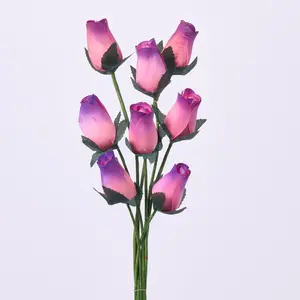 Wooden Closed Bud Rose Bouquet Bundle of 8 Wired Stems - Available In 11 Color Options