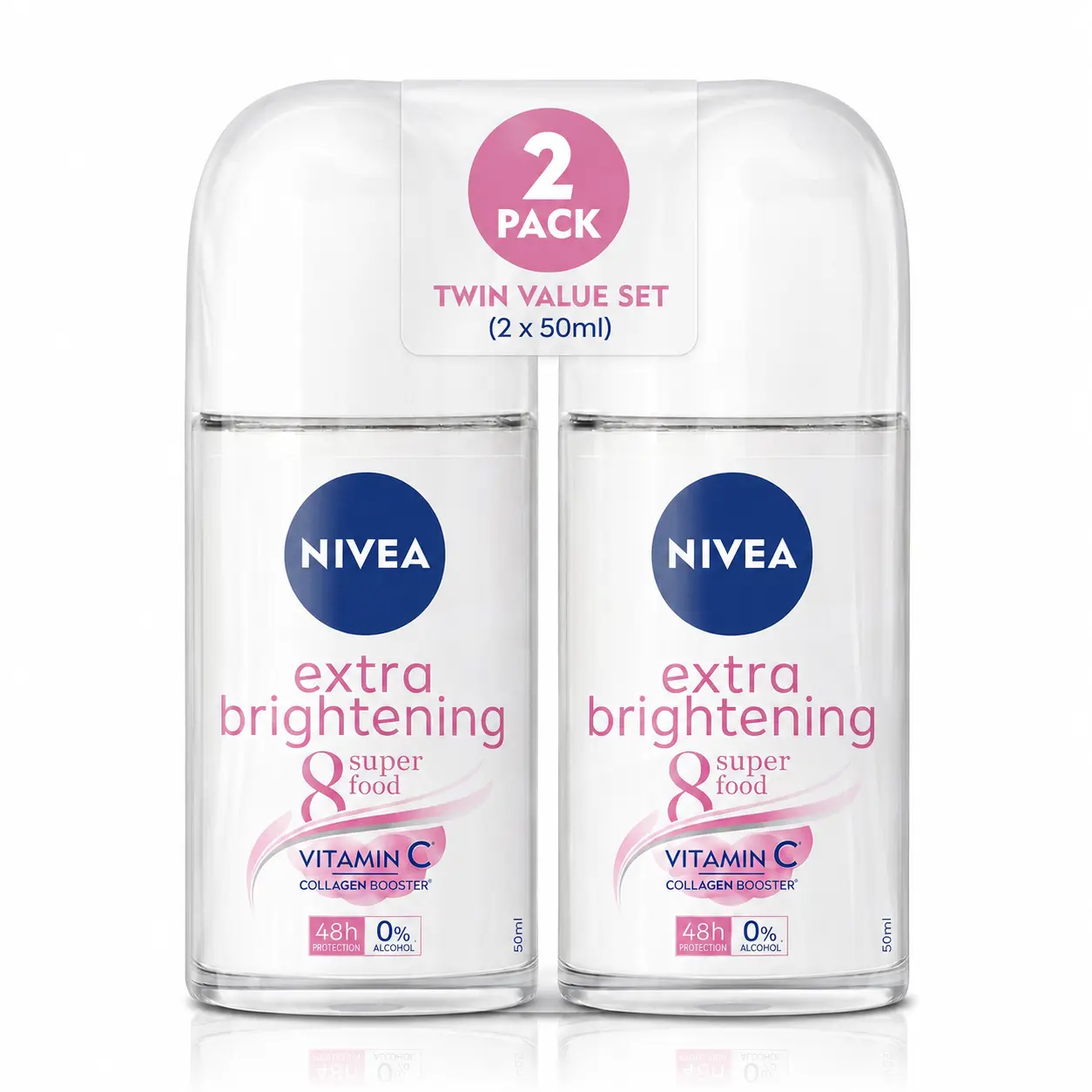 NIVEA Extra Brightening Roll-On Deodorant, 2 pcs Set with Vitamin C, 48H Antiperspirant Protection for Smoothing Body Care, Alcohol-Free, 50ml / 1.7oz, Underarm Care, Cosmetic, Beauty Products, Self Care Products