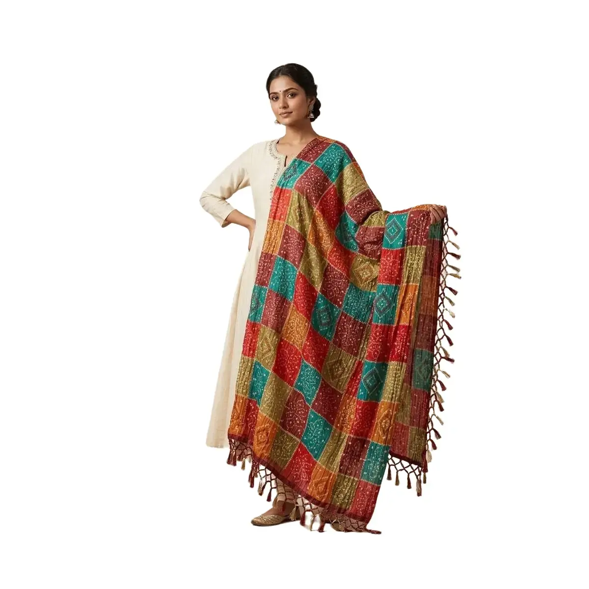 #SW-2 Multicolor Bandhani-Style Crinkle Shawl/Dupatta with Tassels