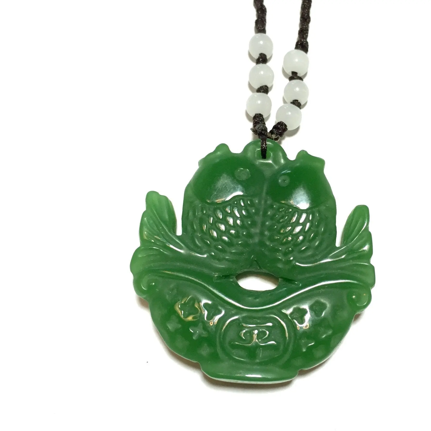 Hand Carved Jade Fish Necklace, 1.75 Inches, Adjustable Cloth Chain Jewelry Pendant