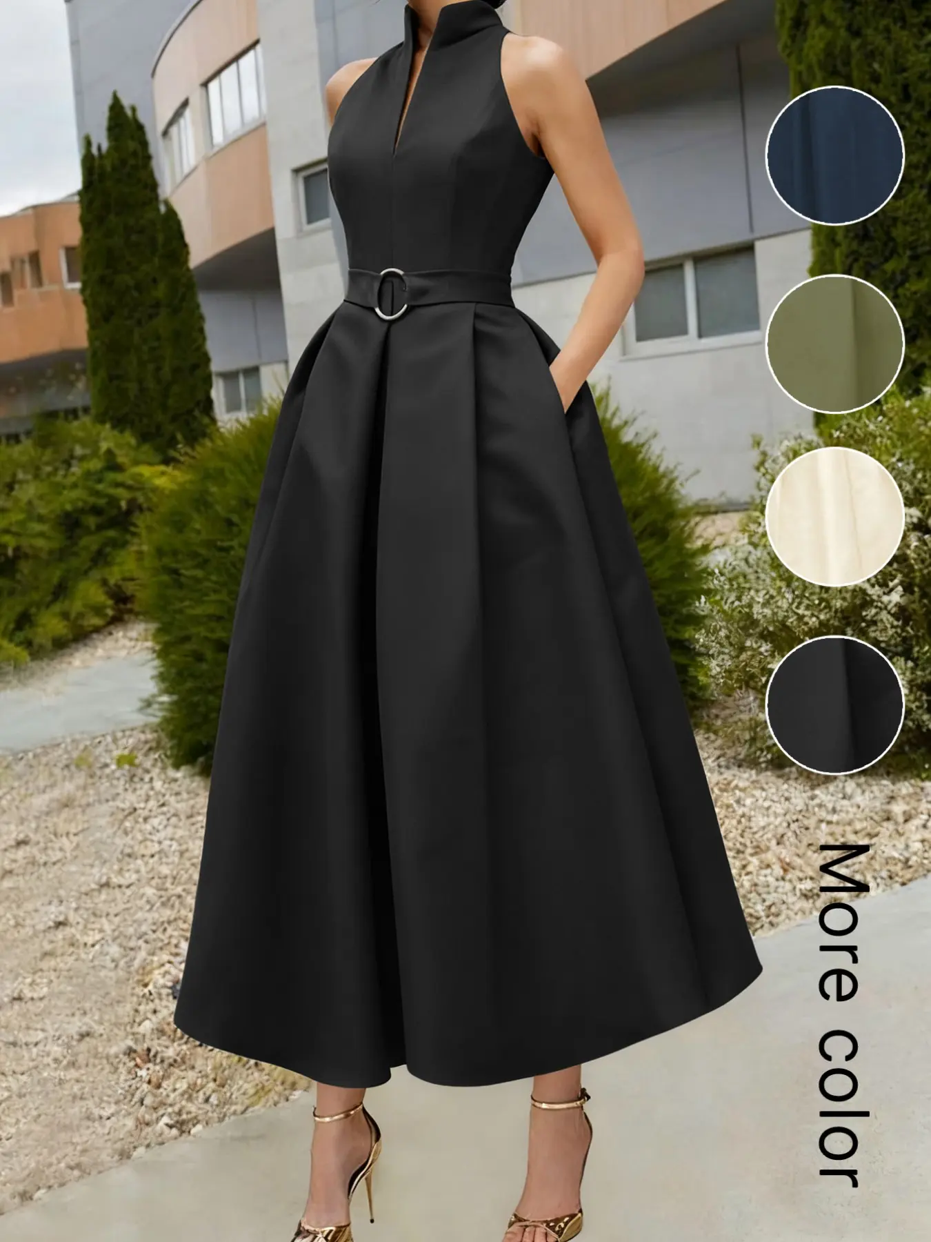 Elegant Chic Women's Party Dress Formal Wear, Solid Tie-Waist A-Line Skirt, Spring Summer New, Sleeveless V-Neck Commuter Dress for Urban Style, A Line Gown