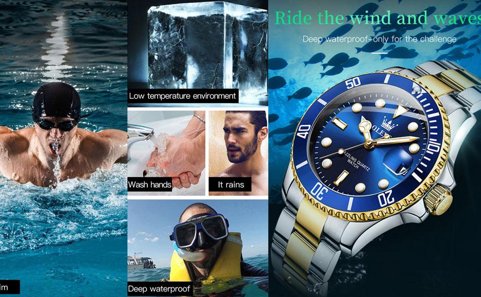 OLEVS Men's Luxury Dress Watch Blue Dial 40mm Stainless Steel Band Rotating Quartz Analog Waterproof Luminous Big Face Boss Wrist Watch Springtok