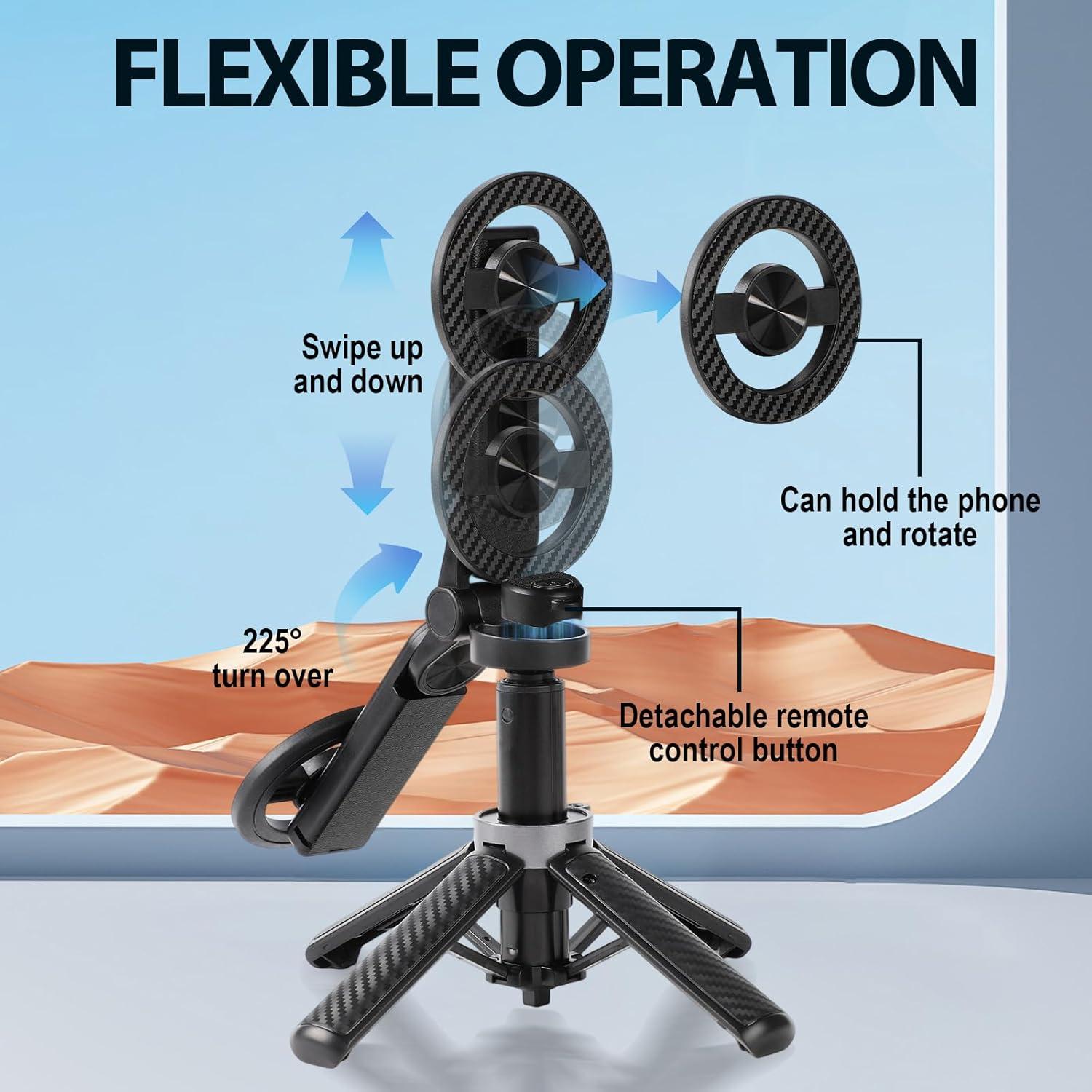 4-in-1 Magnetic Mini Selfie Stick Tripod with 360° Rotation, Wireless Bluetooth Remote & Phone Holder, Extendable up to 15", Compatible with iPhone/Android for Selfies, Video, and Vlogging