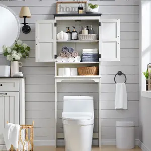 LINGMU Farmhouse Over-the-Toilet Storage Cabinet with Double Doors, Space-Saving Bathroom Organizer Shelf for Bathroom, Restroom & Laundry Room