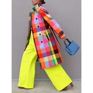Women's Colorful Plaid Trench Coat, Button-Up Belted Design, Machine Washable Polyester Outerwear