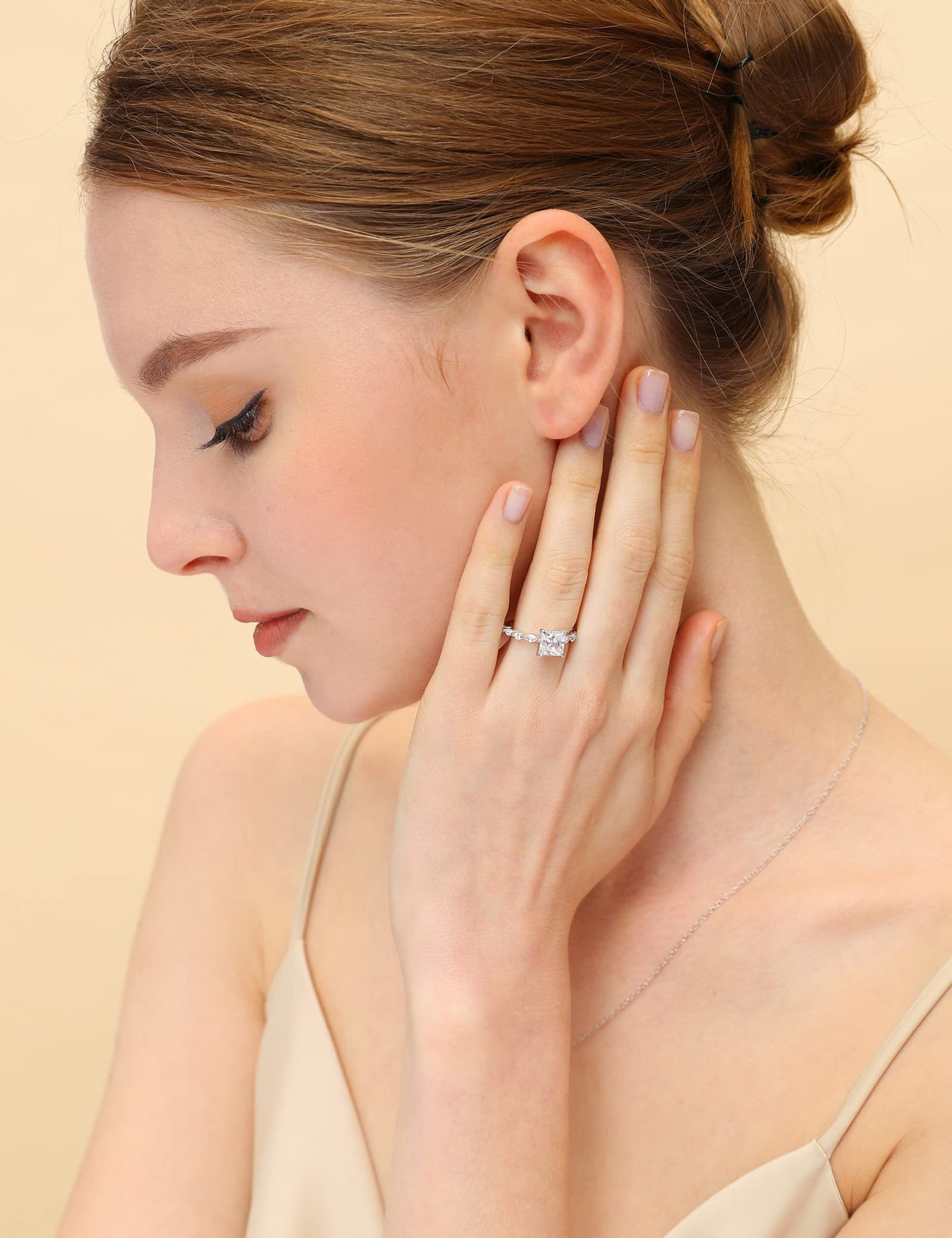 EAMTI 2CT 925 Sterling Silver Engagement Ring Cubic Zirconia Princess Cut Wedding Band For Women