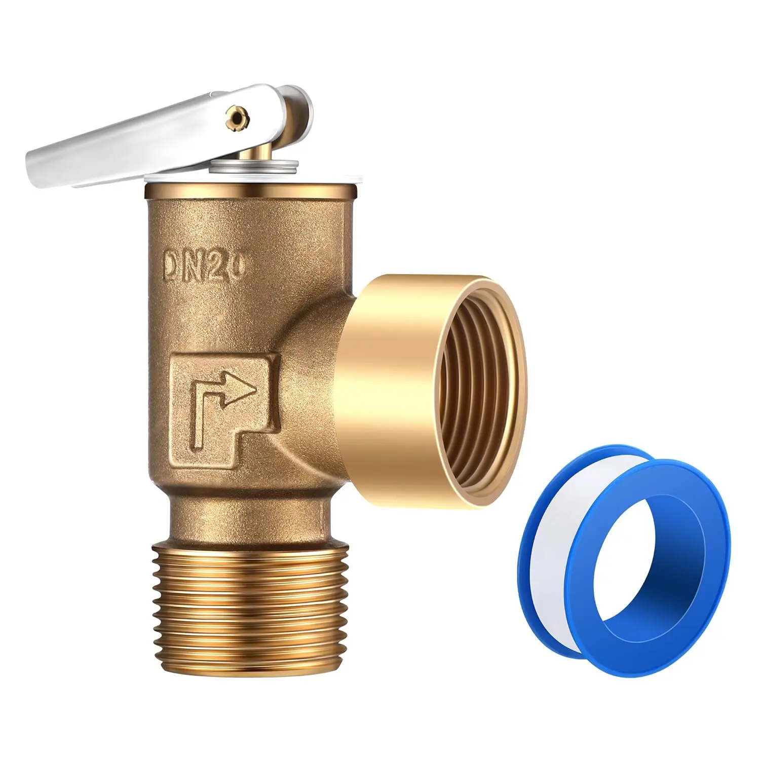 Brass Pressure Relief Valve - 30 PSI Leakproof, 3/4" NPT Thread, Structurally Stable, Corrosion Resistant, with PTFE Thread Sealing Tape for Hot Water Systems