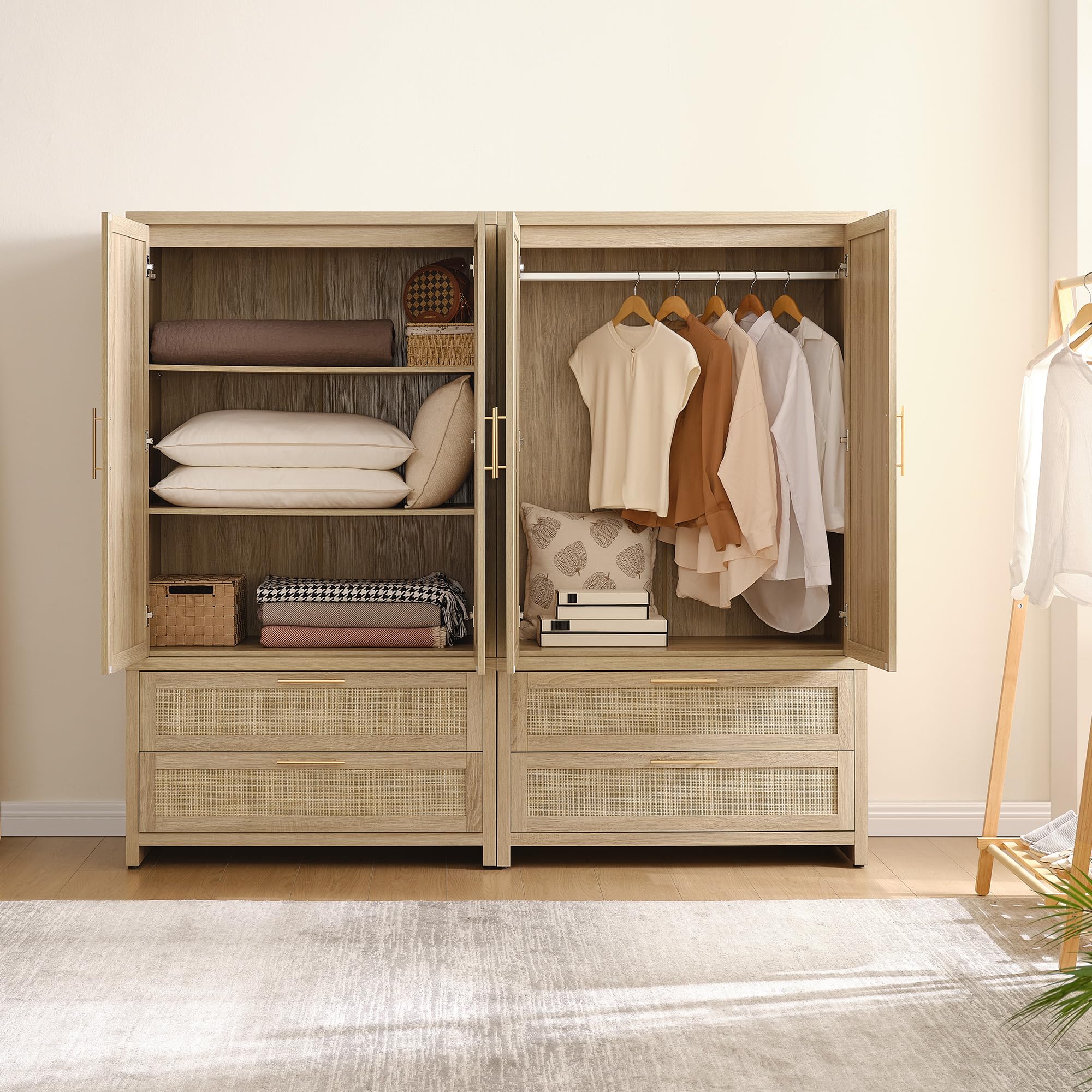 SICOTAS Rattan Armoire Wardrobe Closet Cabinet, 71" Tall Wardrobe Storage Cabinet with Doors, Larger Drawers and Hanging Rod, Boho Armoire Clothes Organizer for Bedroom, Laundry Room, Cloak Room, Oak