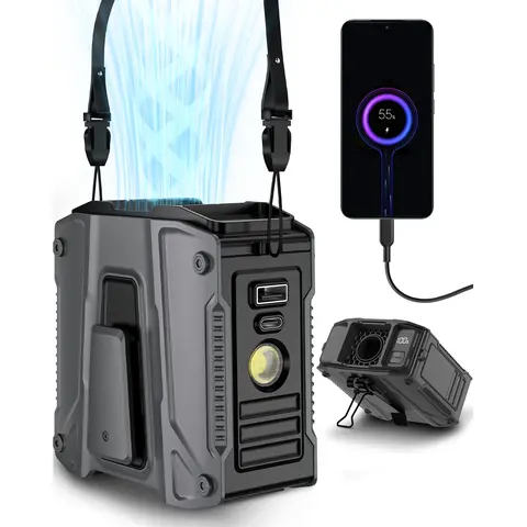 FrSara Wearable Waist USB Charging Fan - 14500mAh Rechargeable Portable Charger, 24H Heat Relief, 5-Speed, 0.65lb, Lanyard, Flashlight, LED Display, Belt Clip, Cool Gadgets, for Camping, Tactical Accessories