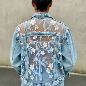 Light Blue Boho Custom Denim Jacket for Women, Floral Lace Jean Festival Outfit with Unique Embroidered Mesh Back
