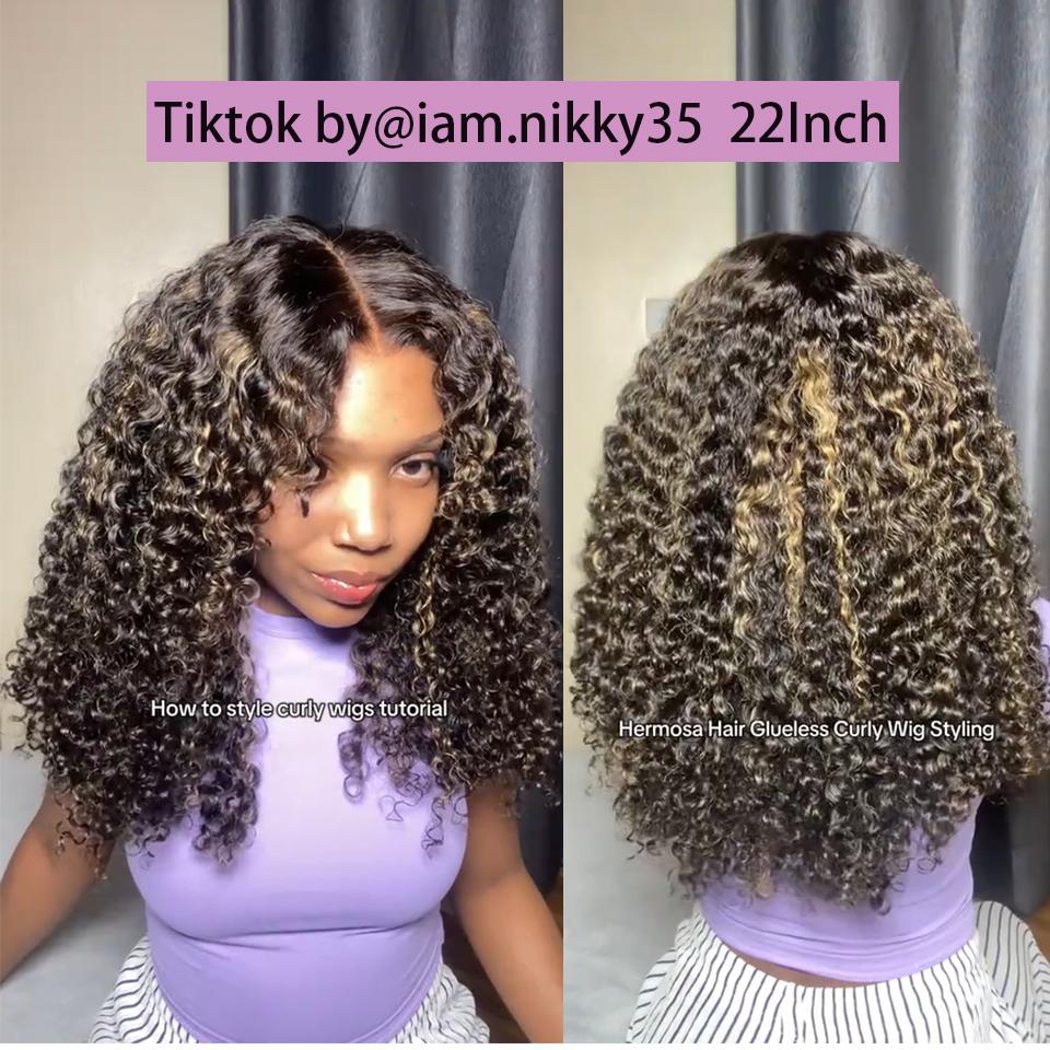 4C Curly Edges Glueless Blonde Highlight Curly Human Hair Wig For Black Women 220% 13x4 8x5 Ready to Go Ombre Lace Front Wigs Balayage Pre-plucked Natural Hairline