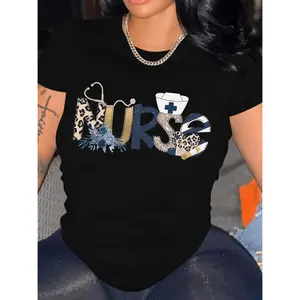 Nurse Themed Graphic T Shirt For Women 100 Polyester Casual Crew Neck Short Sleeve Tee In Black