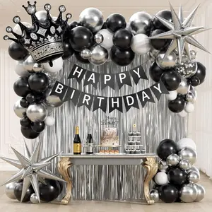 Black, White & Silver Balloon Set, Metallic Silver Fringe Curtain for Men’s Milestone Birthday Decor