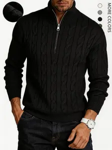 #Springfresh Men's solid color zipper sweater, fashionable knit long sleeved, quarter zipper knit stand up collar, polo , classic jacket, casual knit, casual elegant fabric, college style outdoor wear, open jacket  Turtleneck Knitwear   valentine sweater