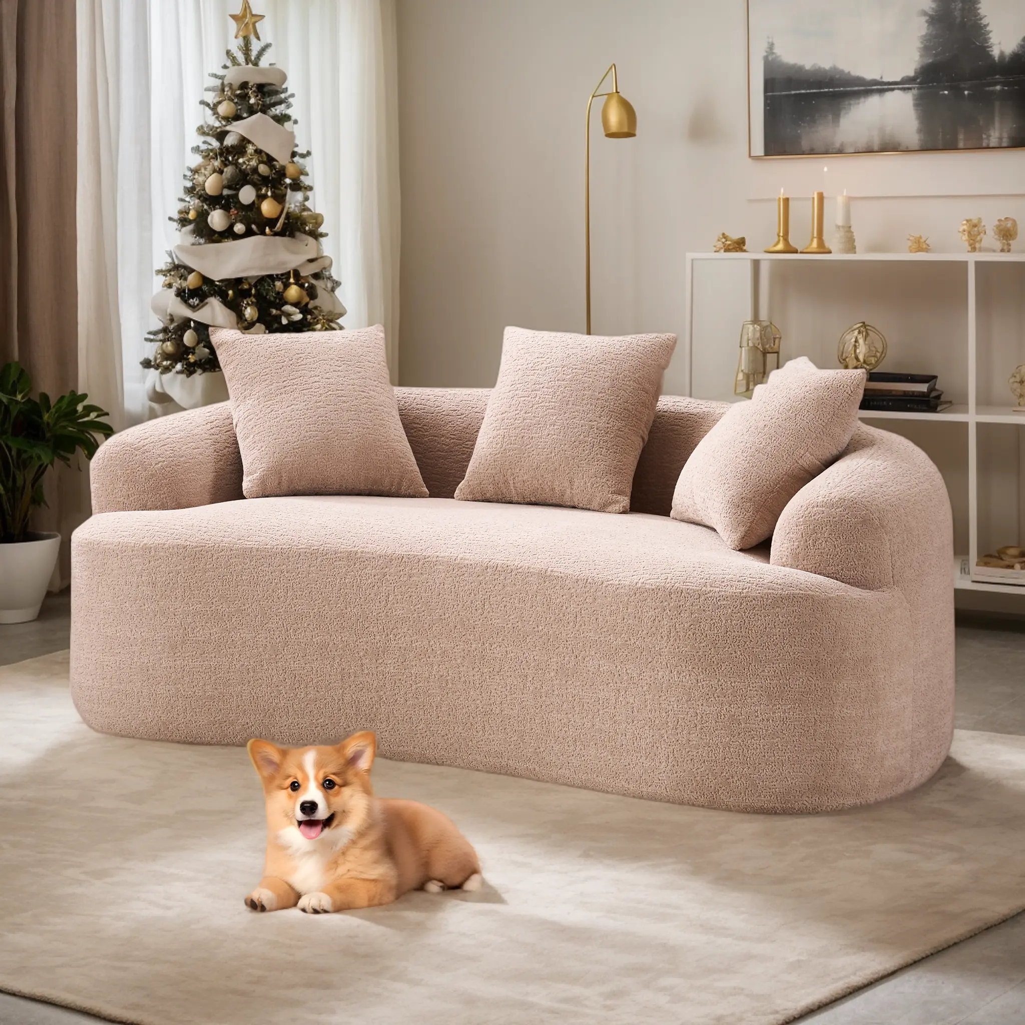 Eyisean 65" Chenille Fabric Couch - Comfy Modern Cloud Curved Round-Arm Loveseat with 3 Pillows, No Assembly Required, Small Space Indoor Living Room Apartment Furniture