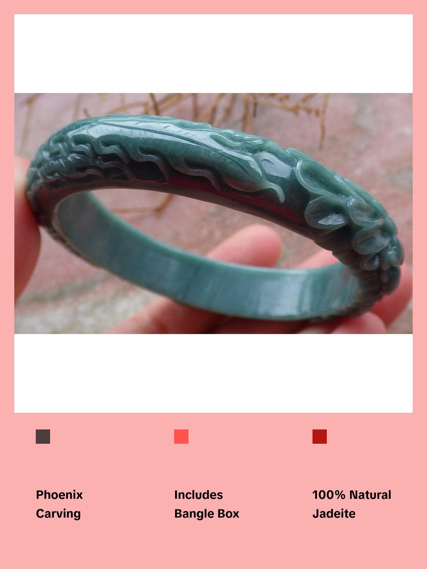 Certified Hand Carved Green 100% Natural Myanmar Burma A JADE Jadeite Phoenix Circle Bangle Bracelet 59mm