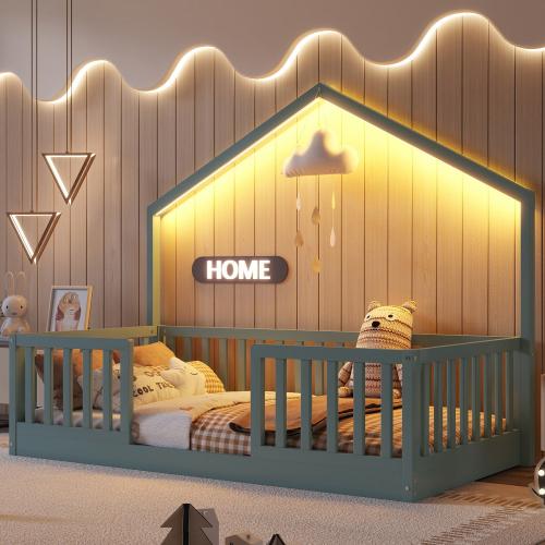Bellemave Twin/Full Floor Bed with High Rails Wooden Montessori Bed with LED Light for Kids Boys and Girls Low Profile Design Sturdy Construction - Home