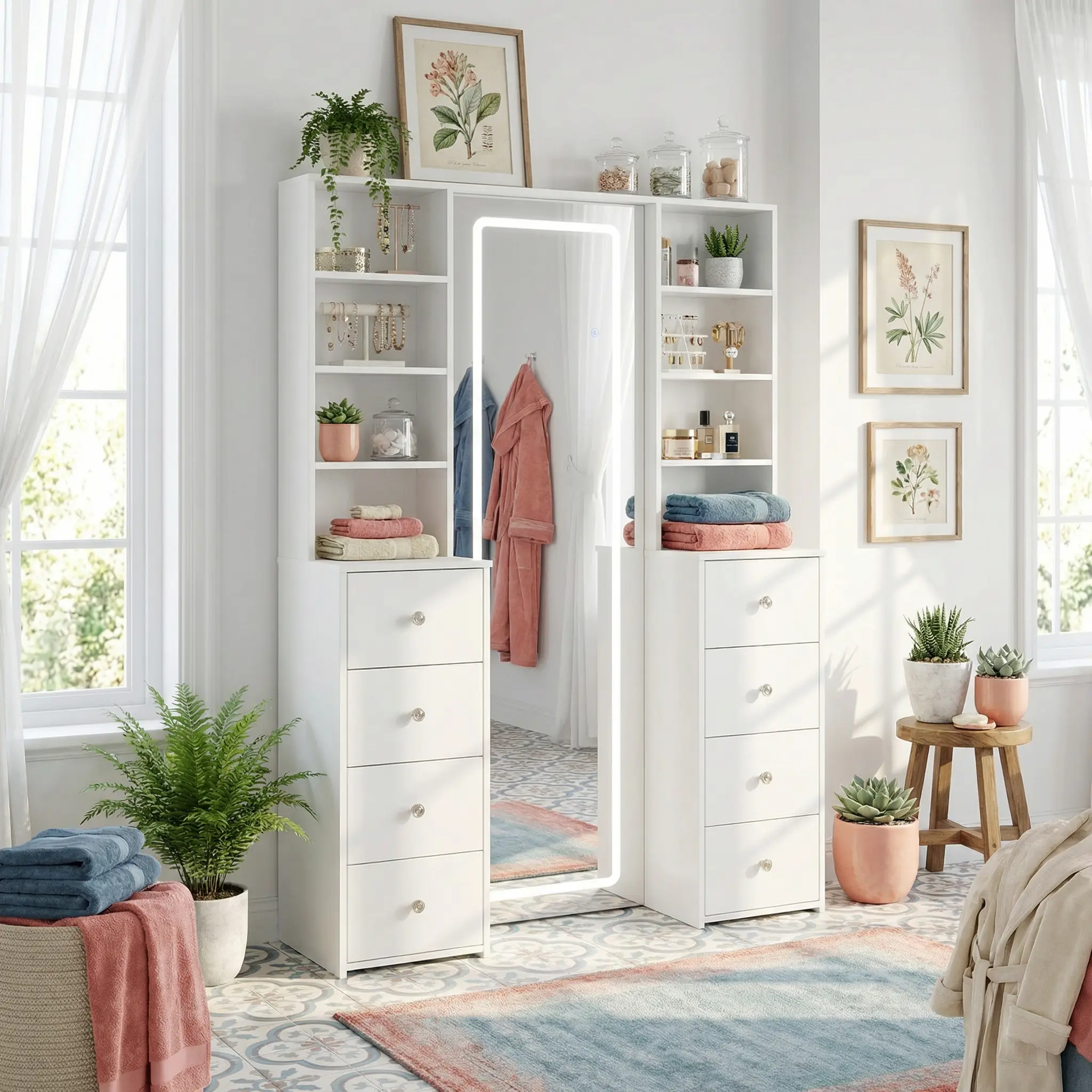 FUFU&GAGA Vanity Desk with LED Lighted Mirror - 8 Drawers, Storage Shelves, White Decorative Bright Built-in Lamp Makeup Vanity with Full-Length Mirror, Vanity Mirror With Light