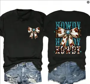 Women's Western Turquoise Bow Printed Round Neck Short Sleeve T-Shirt, Gifts For Mom, Western Cowgirl T-Shirt