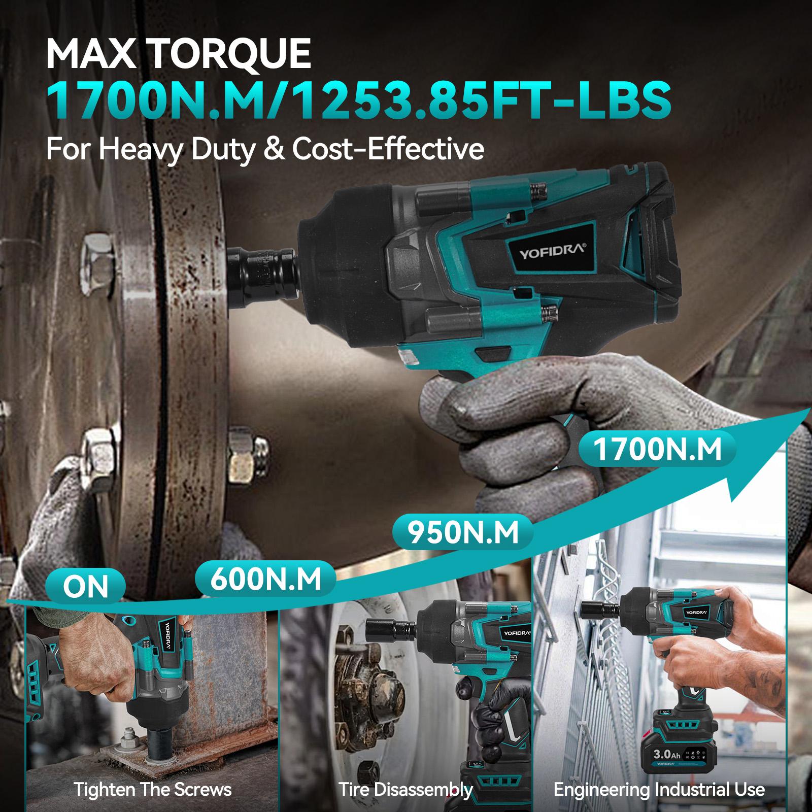 YOFIDRA Cordless Impact Wrench 1/2" Drive 1700Nm High Torque Power Tool Kit, 3-Speed Brushless Electric Wrench with 2×3.0Ah 1500mAh Batteries, Fast Charger, 17/19/21/22mm Sockets, LED Light, Compatible with Makita 18V Battery half inch