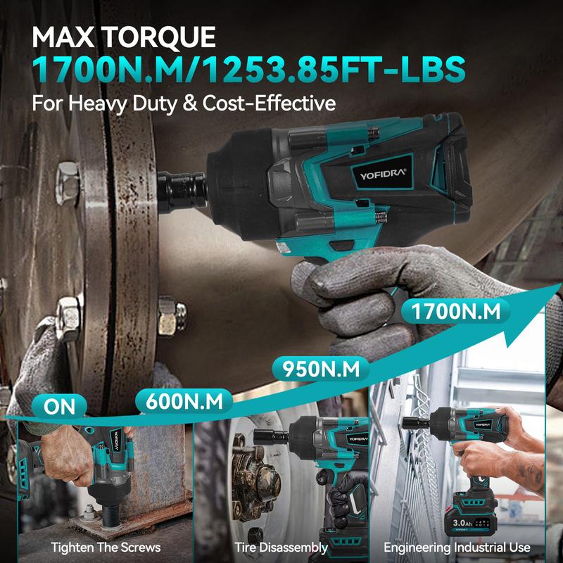 YOFIDRA Cordless Impact Wrench 1/2" Drive 1700Nm High Torque Power Tool Kit, 3-Speed Brushless Electric Wrench with 2×3.0Ah 1500mAh Batteries, Fast Charger, 17/19/21/22mm Sockets, LED Light, Compatible with Makita 18V Battery half inch