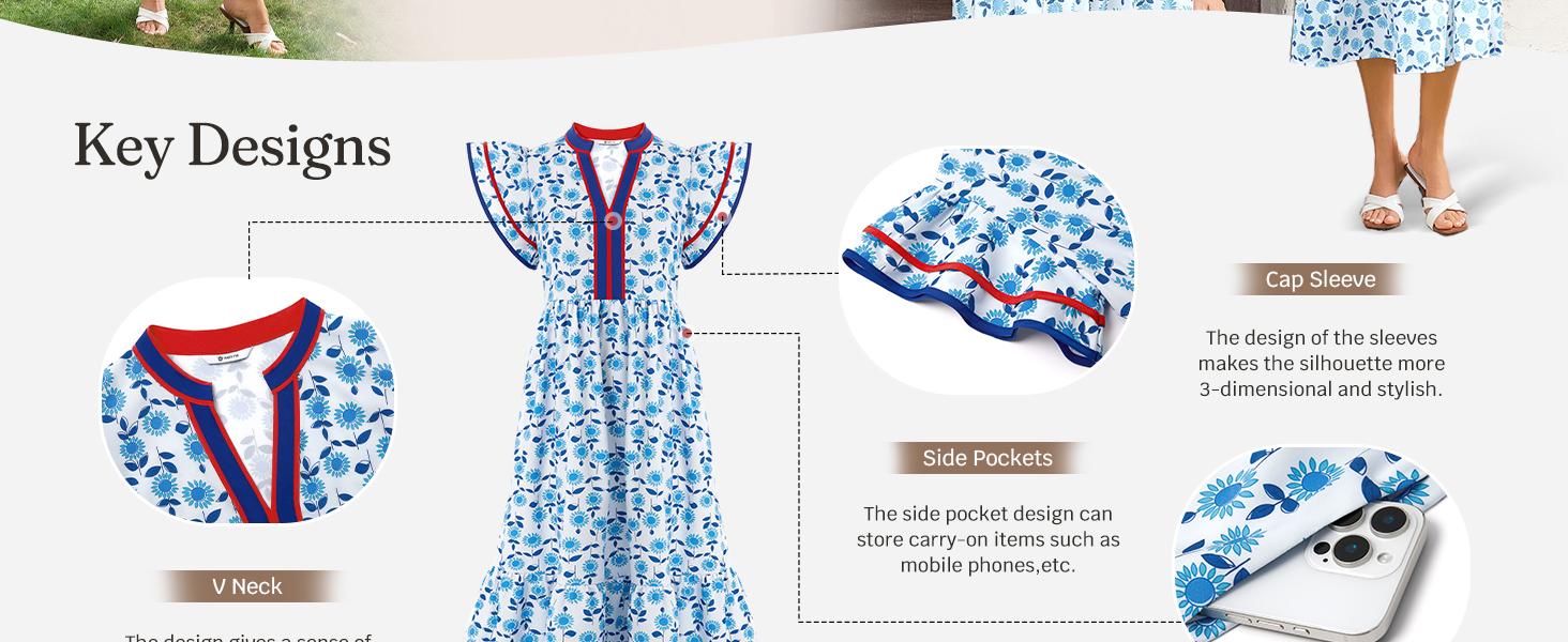 Wenrine Women's Summer Floral Midi Dresses Ruffle Cap Sleeve V Neck Flowy Boho Casual Beach Vacation Sundress