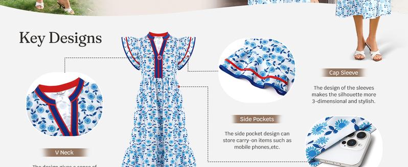 Wenrine Women's Summer Floral Midi Dresses Ruffle Cap Sleeve V Neck Flowy Boho Casual Beach Vacation Sundress