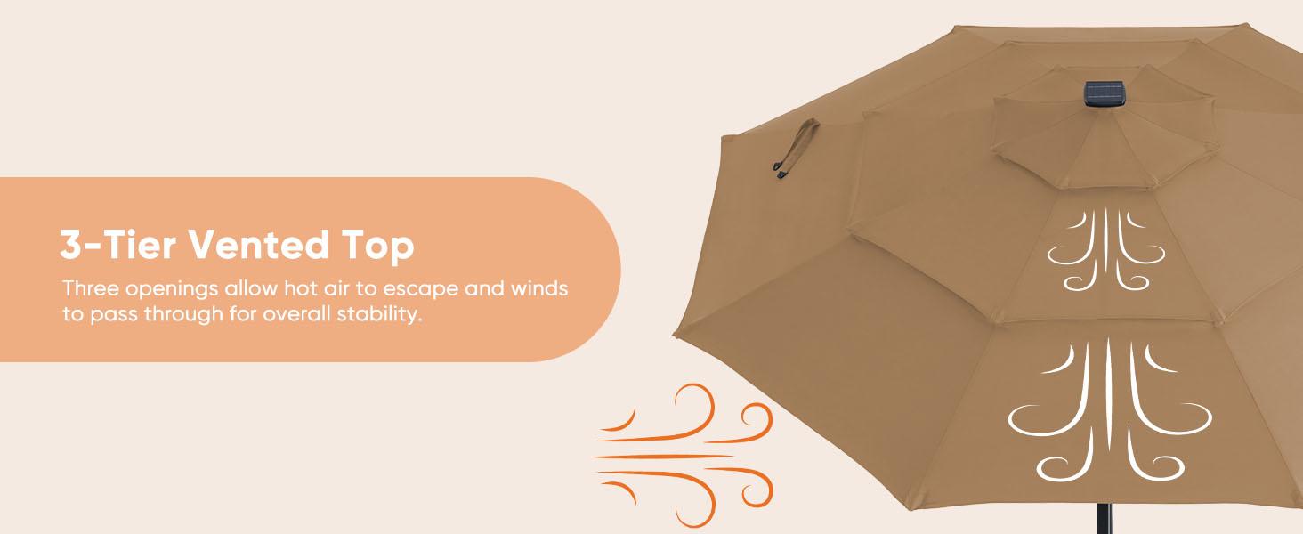 3-Tier Patio Outdoor Umbrella Solar 32 LED Lighted Table Market Umbrella with Tilt Adjustment Easy Crank for Garden Deck Backyard Pool and Beach