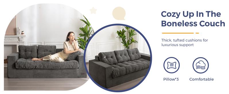 MAXYOYO 3 Seater Couch for Living Room, Boneless Couch with Tufted Cushion & Backrest, Upholstered Floor Sofa for Adults, No Assembly Required, Dark Grey