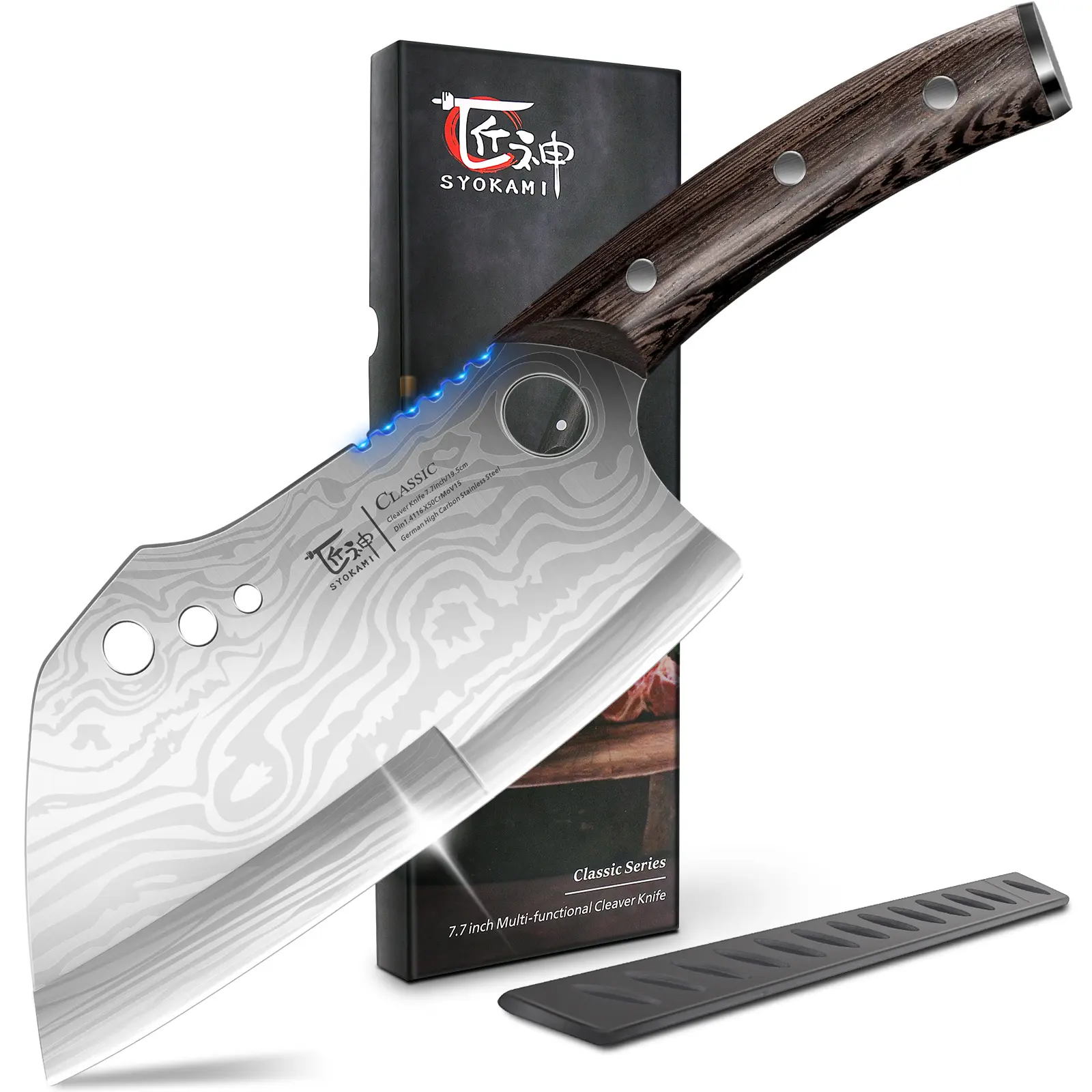 【DealsForYouDays】 SYOKAMI Meat Cleaver Chef Knife with Sheath, 7.7 Inch Multifunction Butcher Knife with Herb Stripper, Chopping Knife Heavy Duty Bone Cutting, Damascus Pattern Full Tang Wood Handle, Christmas, Mother's Day Gifts