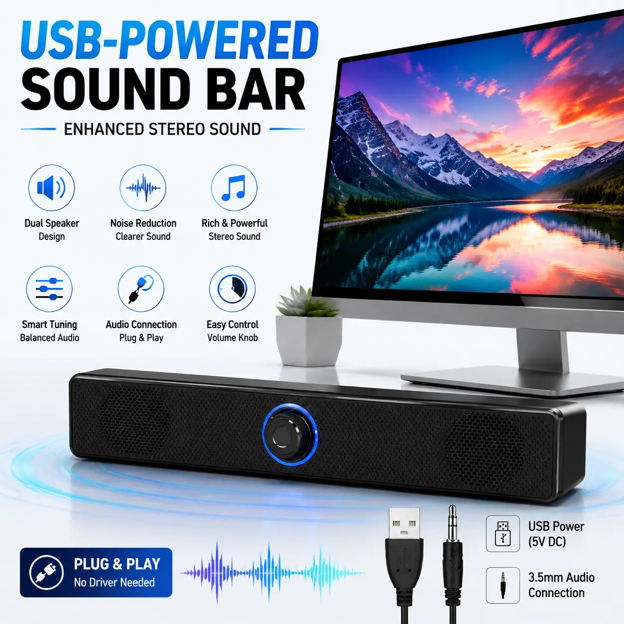 Back to School Sale! 2026 Car Audio All-in-2 Compact Wired Desktop Soundbar Speaker - Cable-Connected Computer Speakers for Desktop PC, 3.5mm Auxiliary Input, USB Port, Plug-n-Play, Dual Channel Stereo Sound System, for PC/Laptop Meetings