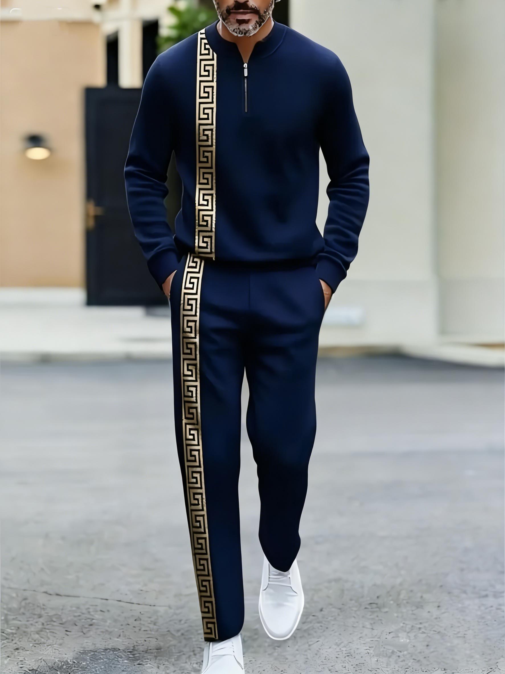 Street style men's striped sports two-piece set