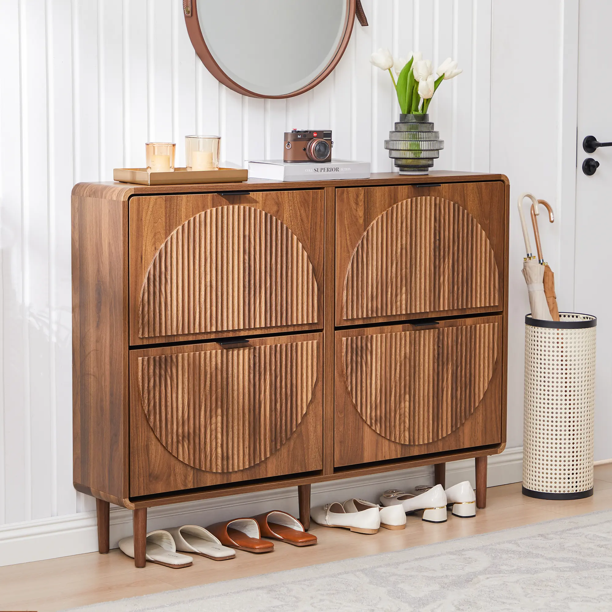 FurSch Mid-Century Modern Shoe Cabinet for Entryway with 4 Flip-Down Drawers, Wooden Shoe Storage with Fluted Round Panel, Freestanding Organizer for Hallway or Foyer