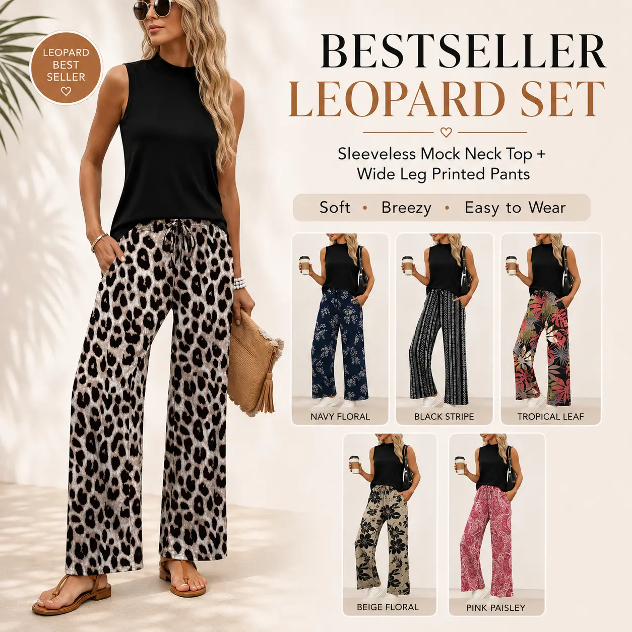 OFEEFAN Two Piece Set for Women Summer Spring Outfits Cruise Travel Airport Beach Vacation Mock Neck Wide Leg Pants Set Womenswear
