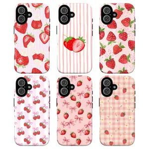 Cute Strawberry Pattern Tough Phone Case, Aesthetic Pink Phone Cover for Girls, aesthetic protective, checker, stripes case,compatible with iPhone 17, 16, 15, 14, 13, 12, 11, and X series models.