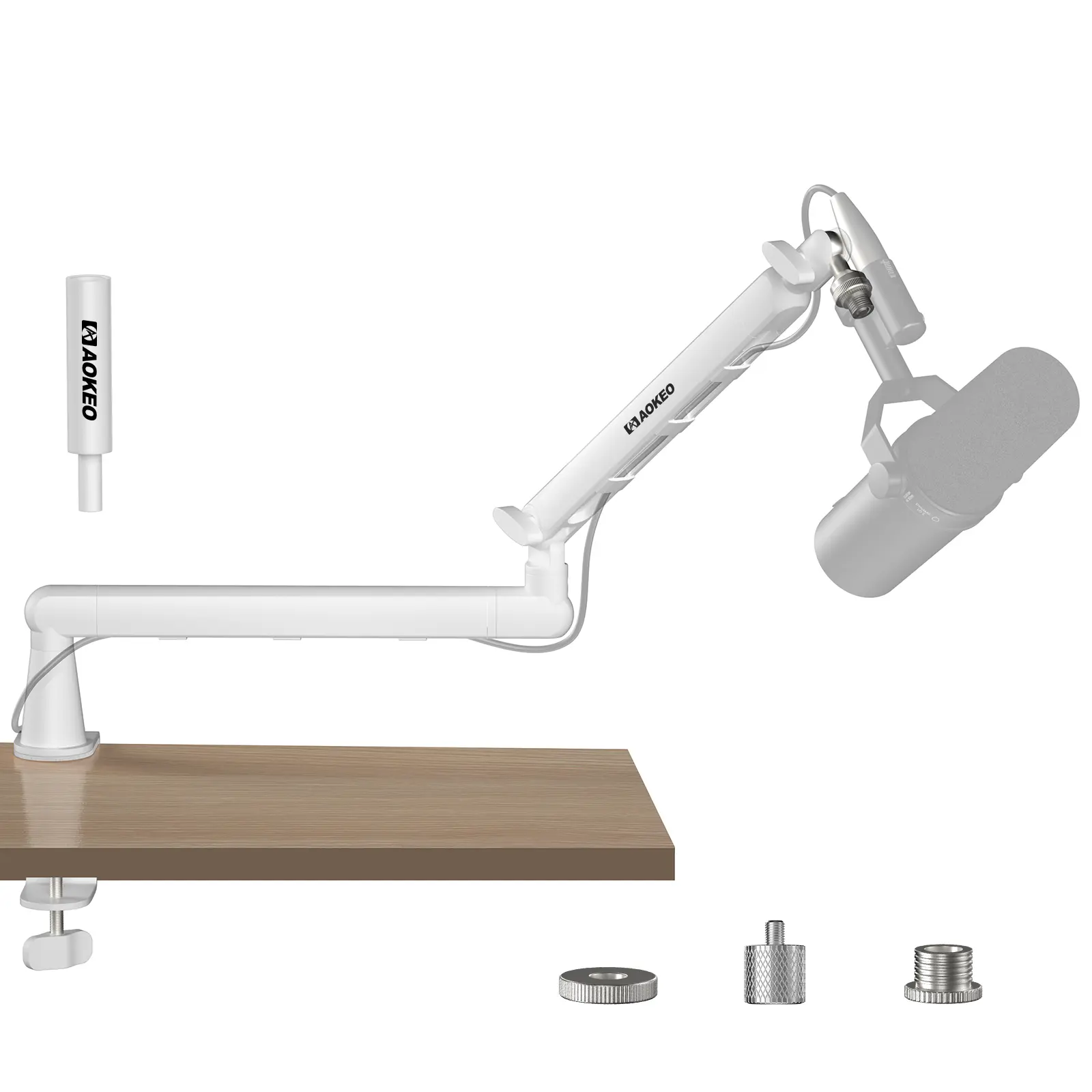 Aokeo AK-55 White Aluminum Alloy Low Profile Adjustable Durable Mic Boom Arm Stand - Includes Cable Management, 3/8"-to-5/8", 3/8" To 1/4"" Adapters, 2kg Load Capacity, Stable Mic Position - PC Gaming Studio Desk Accessory for Blue Yeti, Snowball iCE, Acc