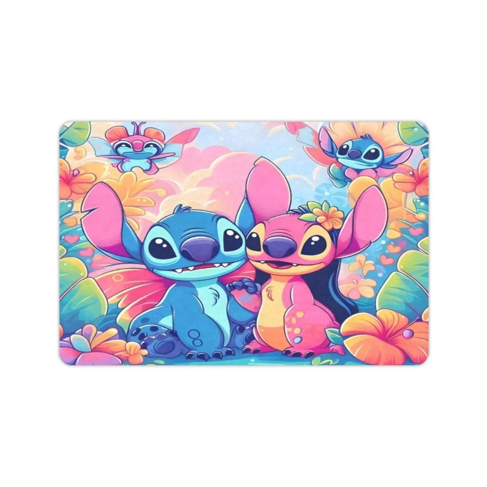 Disney Classic Cute Stitch & Angel Cartoon Pattern Rug, Anti-Slip Front Door Mat, Anime-Printed Home Decor Rug for Indoor-Outdoor Entrance Use